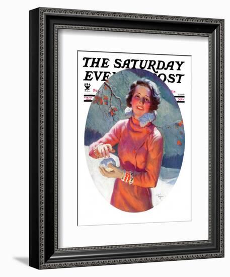 "Woman Forming a Snowball," Saturday Evening Post Cover, February 10, 1934-Frederic Mizen-Framed Giclee Print