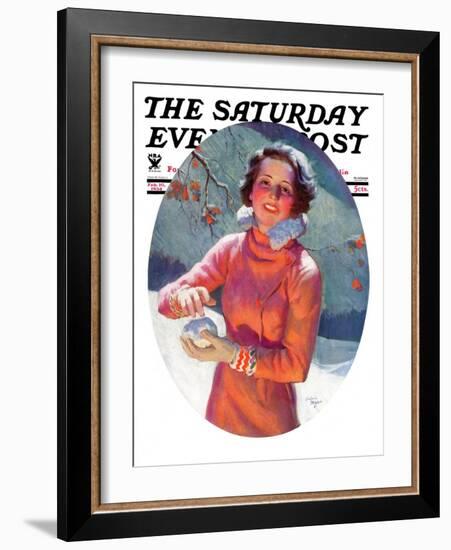 "Woman Forming a Snowball," Saturday Evening Post Cover, February 10, 1934-Frederic Mizen-Framed Giclee Print