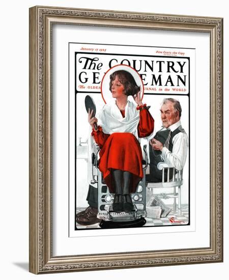 "Woman Gets Bob at Barbershop," Country Gentleman Cover, January 17, 1925-Elbert Mcgran Jackson-Framed Giclee Print