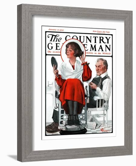 "Woman Gets Bob at Barbershop," Country Gentleman Cover, January 17, 1925-Elbert Mcgran Jackson-Framed Giclee Print