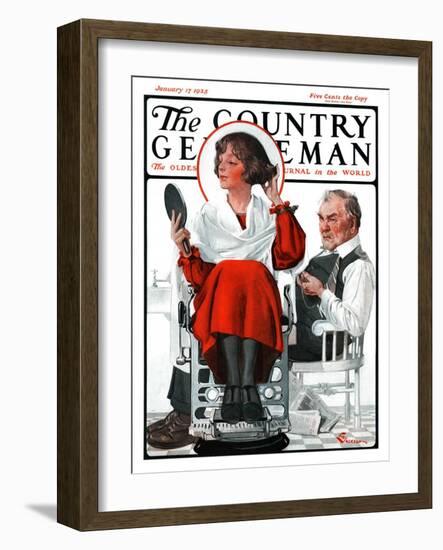 "Woman Gets Bob at Barbershop," Country Gentleman Cover, January 17, 1925-Elbert Mcgran Jackson-Framed Giclee Print