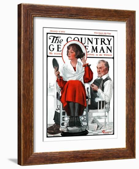 "Woman Gets Bob at Barbershop," Country Gentleman Cover, January 17, 1925-Elbert Mcgran Jackson-Framed Giclee Print