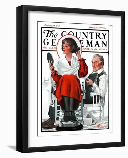 "Woman Gets Bob at Barbershop," Country Gentleman Cover, January 17, 1925-Elbert Mcgran Jackson-Framed Giclee Print
