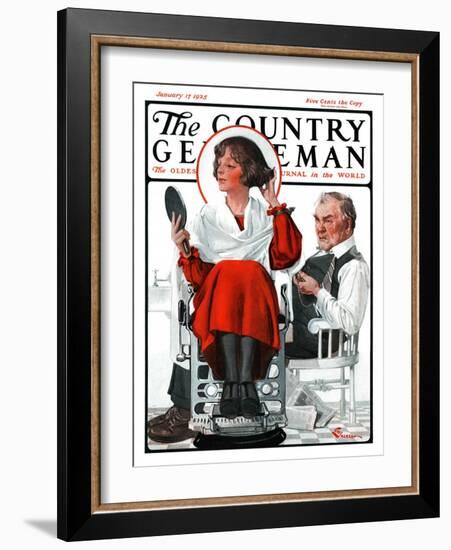 "Woman Gets Bob at Barbershop," Country Gentleman Cover, January 17, 1925-Elbert Mcgran Jackson-Framed Giclee Print