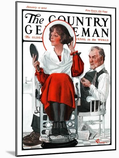 "Woman Gets Bob at Barbershop," Country Gentleman Cover, January 17, 1925-Elbert Mcgran Jackson-Mounted Giclee Print