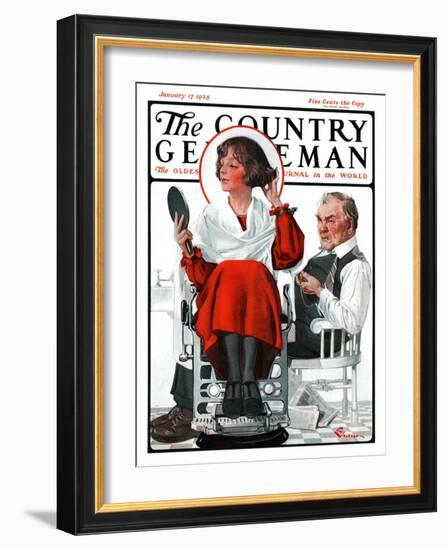 "Woman Gets Bob at Barbershop," Country Gentleman Cover, January 17, 1925-Elbert Mcgran Jackson-Framed Giclee Print