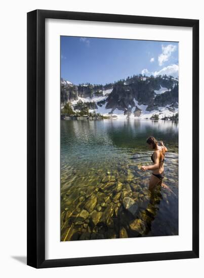 Woman Goes For Swim In Mirror Lake In Eagle Cap Wilderness Of The Wallowa Mts In Northeast Oregon-Ben Herndon-Framed Photographic Print