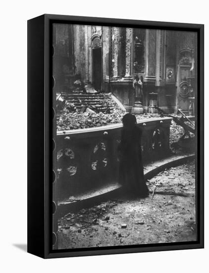 Woman Grieving over Wreckage of Catholic Church Burned During Uprising Against Peron-null-Framed Premier Image Canvas