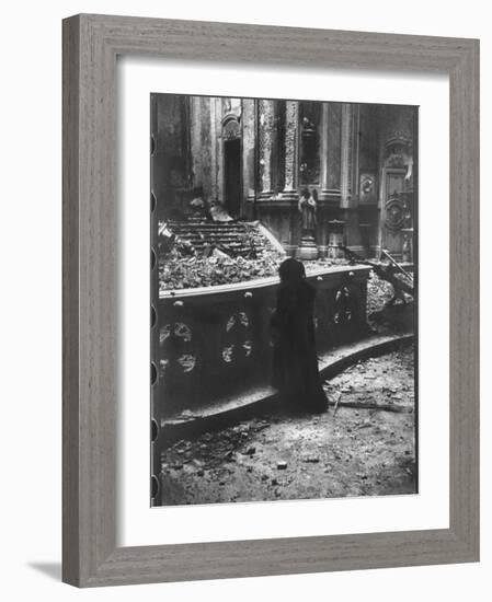 Woman Grieving over Wreckage of Catholic Church Burned During Uprising Against Peron-null-Framed Photographic Print