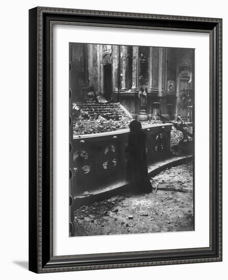 Woman Grieving over Wreckage of Catholic Church Burned During Uprising Against Peron-null-Framed Photographic Print