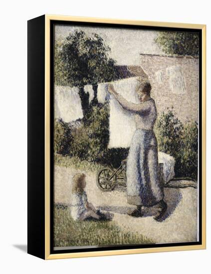 Woman Hanging Laundry-Camille Pissarro-Framed Premier Image Canvas