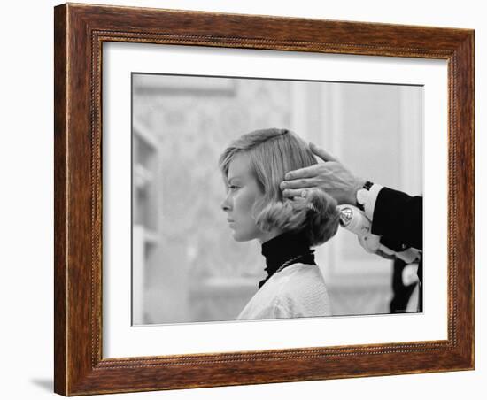 Woman Having Her Hair Styled at Hair Salon at Saks Fifth Avenue-Yale Joel-Framed Photographic Print