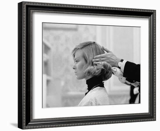 Woman Having Her Hair Styled at Hair Salon at Saks Fifth Avenue-Yale Joel-Framed Photographic Print