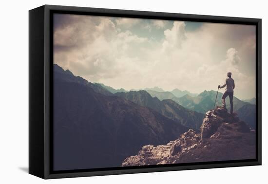 Woman Hiker on a Top of a Mountain-NejroN Photo-Framed Premier Image Canvas