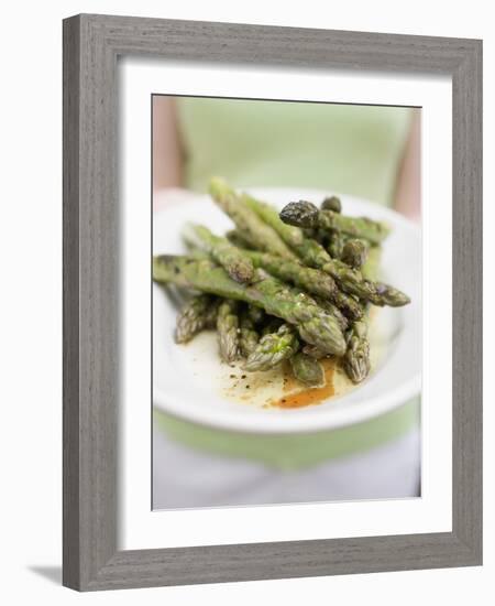 Woman Holding a Plate of Grilled Green Asparagus-null-Framed Photographic Print