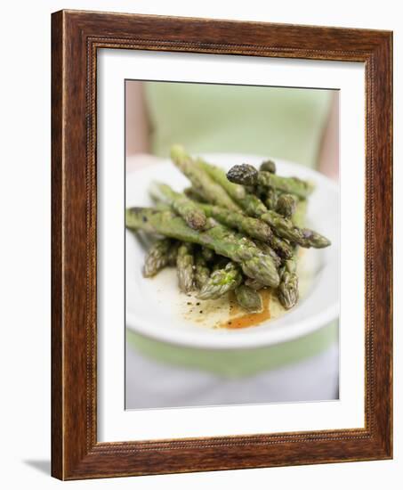 Woman Holding a Plate of Grilled Green Asparagus-null-Framed Photographic Print