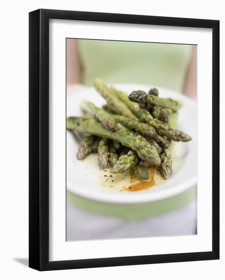 Woman Holding a Plate of Grilled Green Asparagus-null-Framed Photographic Print