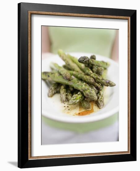 Woman Holding a Plate of Grilled Green Asparagus-null-Framed Photographic Print