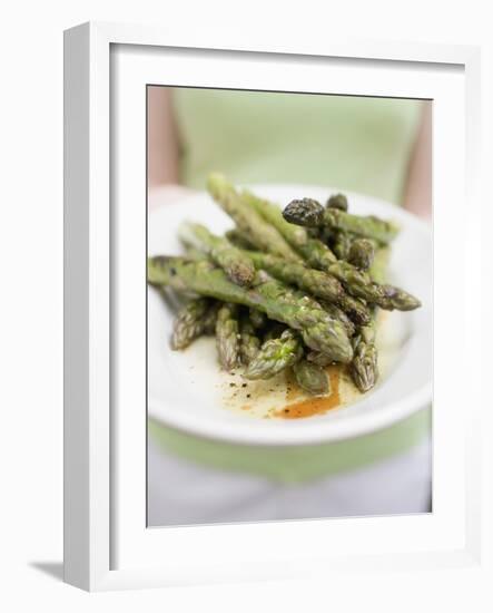 Woman Holding a Plate of Grilled Green Asparagus-null-Framed Photographic Print