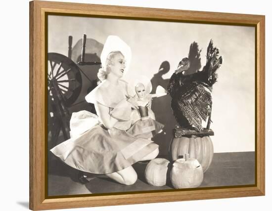 Woman Holding Doll Wearing Identical Thanksgiving Costume-null-Framed Stretched Canvas