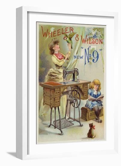 Woman Holding Parrot Next to Sewing Machine-null-Framed Giclee Print