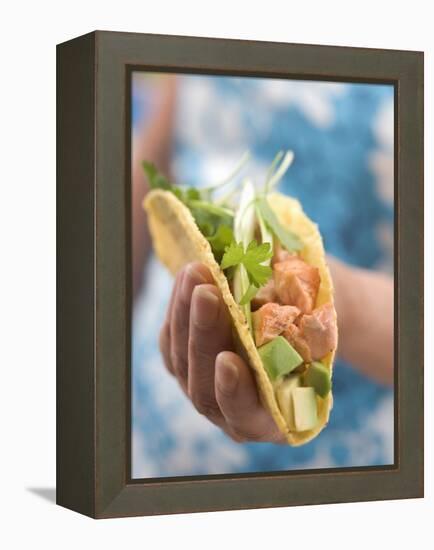 Woman Holding Taco-null-Framed Premier Image Canvas