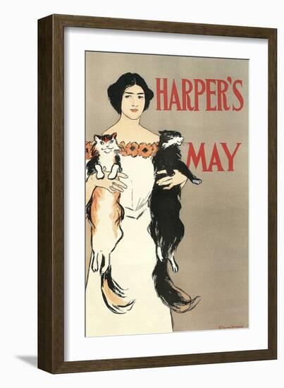 Woman Holding Two Cats-null-Framed Art Print