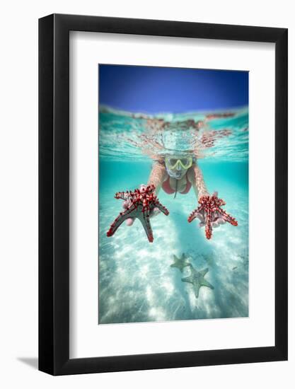 Woman holding two red starfish snorkeling in the turquoise sea in summer, Zanzibar, Tanzania-Roberto Moiola-Framed Photographic Print