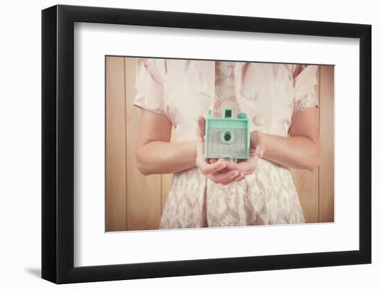 Woman Holding Vintage Mint Green Camera. Instagram Effect.-soupstock-Framed Photographic Print