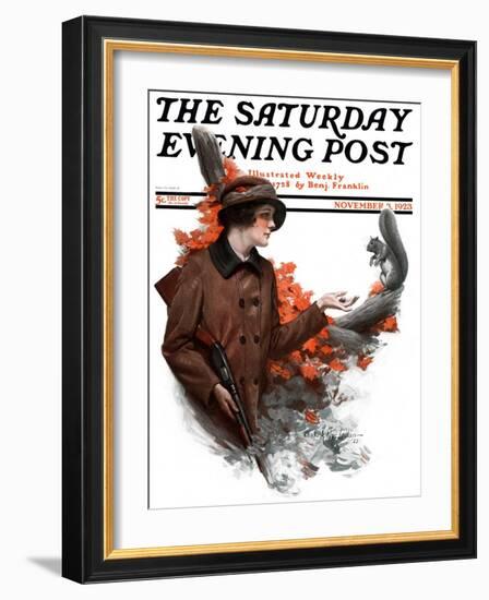 "Woman Hunter Feeding Squirrel," Saturday Evening Post Cover, November 3, 1923-Charles A. MacLellan-Framed Giclee Print