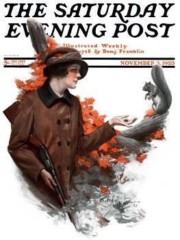 Woman Hunter Feeding Squirrel, Saturday Evening Post Cover, November 3,  1923' Giclee Print - Charles A. MacLellan