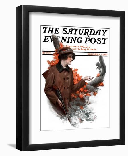 "Woman Hunter Feeding Squirrel," Saturday Evening Post Cover, November 3, 1923-Charles A. MacLellan-Framed Giclee Print