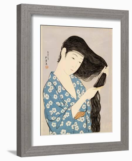 Woman in a Bathrobe Combing Her Hair-Taisho Era. Hashiguchi Goyo-Framed Art Print