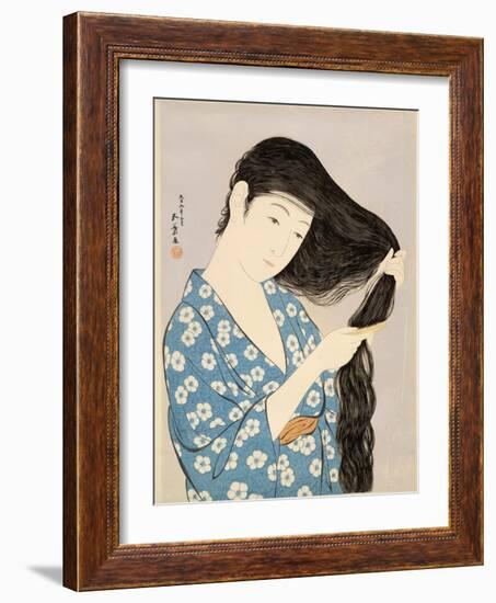 Woman in a Bathrobe Combing Her Hair-Taisho Era. Hashiguchi Goyo-Framed Art Print