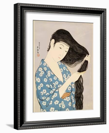 Woman in a Bathrobe Combing Her Hair-Taisho Era. Hashiguchi Goyo-Framed Art Print