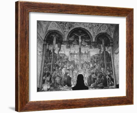 Woman in a Church Contemplating a Wall Painting of the Crucifixion-Carl Mydans-Framed Photographic Print