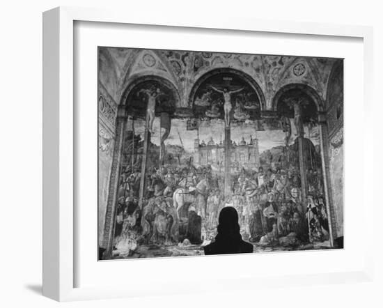 Woman in a Church Contemplating a Wall Painting of the Crucifixion-Carl Mydans-Framed Photographic Print