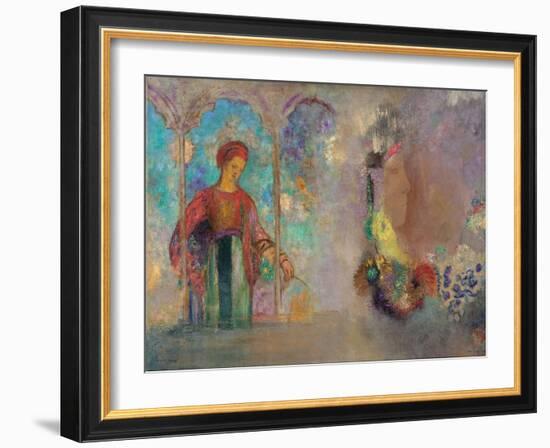 Woman in a Gothic Arcade - Woman with Flowers - Peinture De Odilon Redon(1840-1916), 1905 - Oil on-Odilon Redon-Framed Giclee Print