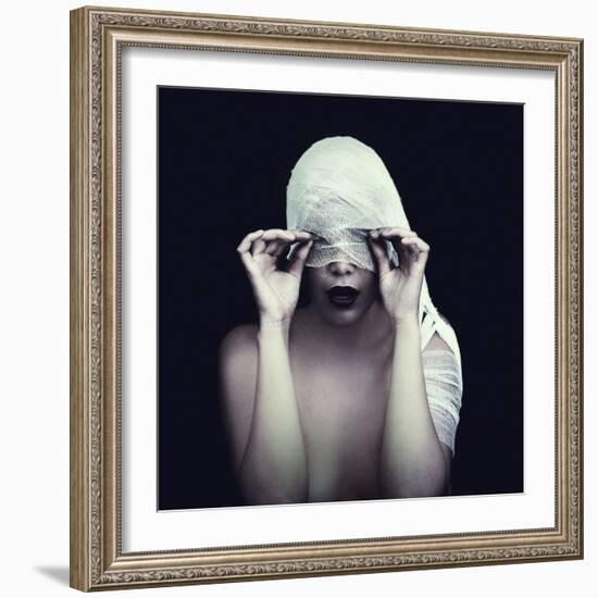 Woman in Bandage over Black Background-viczast-Framed Photographic Print