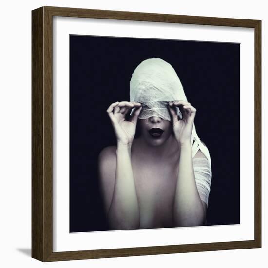 Woman in Bandage over Black Background-viczast-Framed Photographic Print