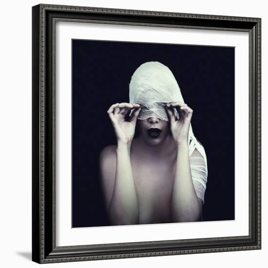 Woman in Bandage over Black Background-viczast-Framed Photographic Print