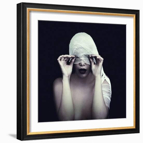 Woman in Bandage over Black Background-viczast-Framed Photographic Print