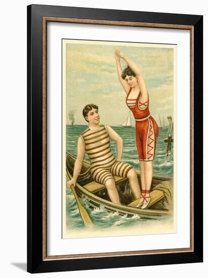 Woman in Bathing Costume Diving from Boat-null-Framed Art Print