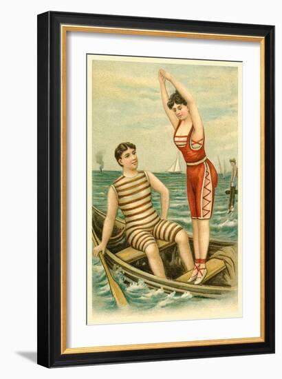 Woman in Bathing Costume Diving from Boat-null-Framed Art Print