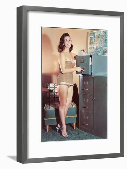Woman in Bathing Suit with File Cabinet, Retro-null-Framed Art Print