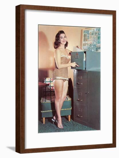 Woman in Bathing Suit with File Cabinet, Retro-null-Framed Art Print