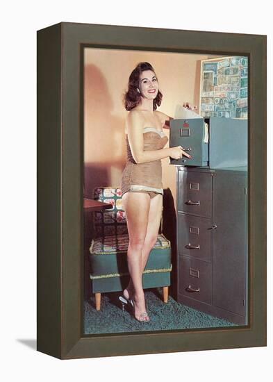 Woman in Bathing Suit with File Cabinet, Retro-null-Framed Stretched Canvas