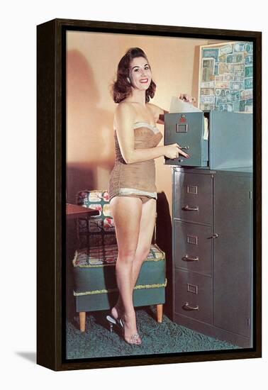Woman in Bathing Suit with File Cabinet, Retro-null-Framed Stretched Canvas