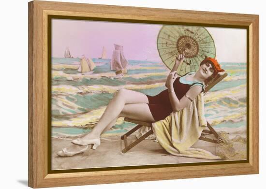 Woman in Beach Chair with Parasol-null-Framed Stretched Canvas