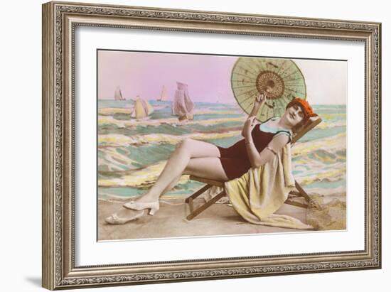 Woman in Beach Chair with Parasol-null-Framed Art Print
